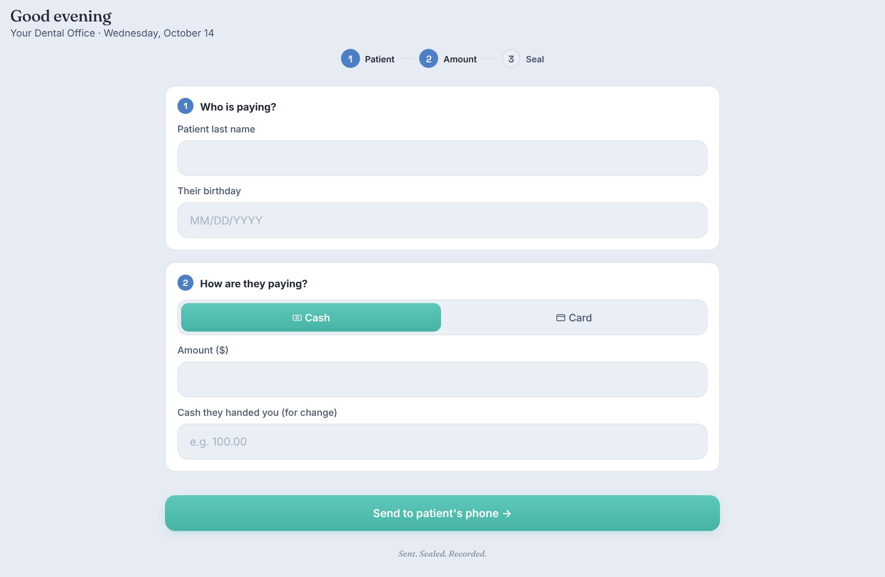 Take payment screen